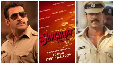 <strong>أجاي ديفجان في شخصية ضابط الشرطة باجيراو سينغام وصورة أفيش فيلم Singham Again وسلمان خان في شخصية شولبول باندي</strong>