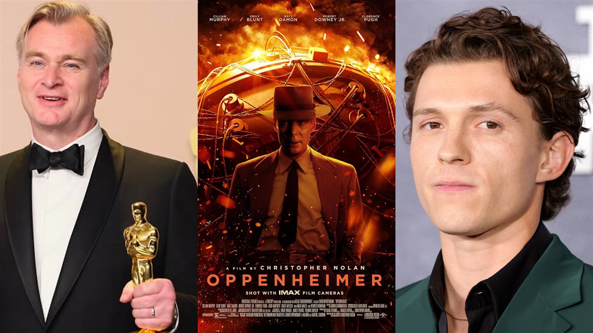 <strong>الممثل البريطاني توم هولاند وصورة أفيش فيلم Oppenheimer والمخرج كريستوفر نولان الذي أخرج فيلم Oppenheimer</strong>