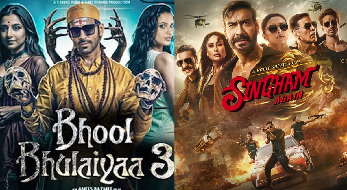 <strong>صورة أفيشات أفلام Singham Again بطولة الفنان أجاي ديفجان و Bhool Bhulaiyaa 3 بطولة الفنان كارتيك أريان</strong>