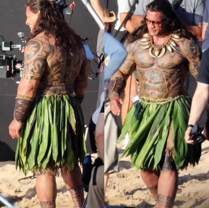 <strong>دوين جونسون أثناء تصوير فيلمه السينمائي المصور Moana في شخصية الإله ماوي بمظهره العاري الذي أثار إستغراب الجماهير</strong>
