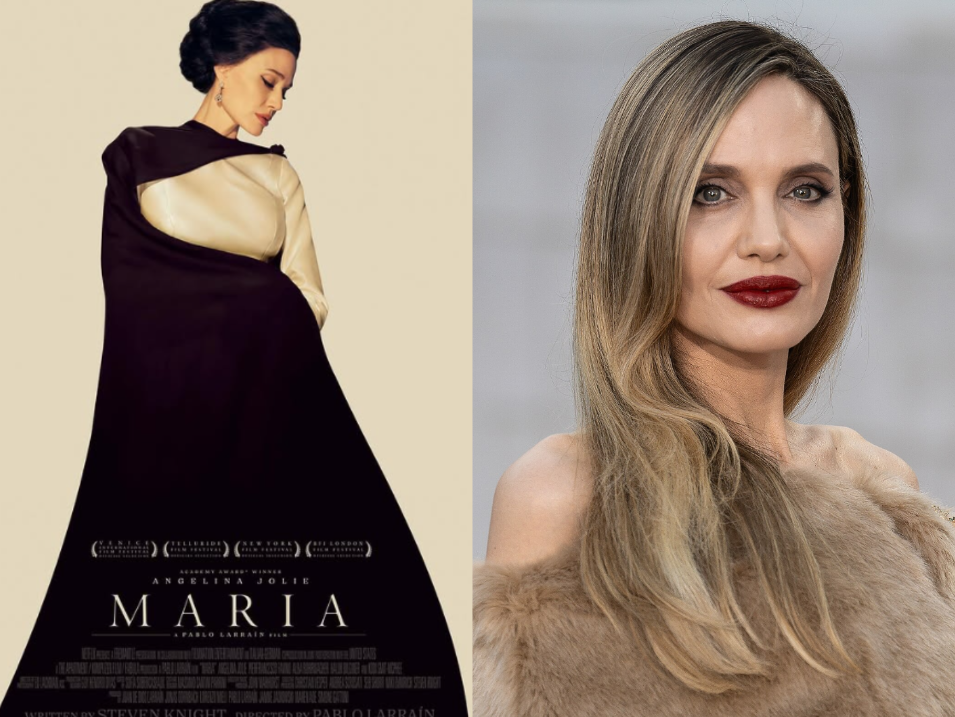 <strong>أنجلينا جولي وصورة أفيش فيلمها Maria الذي تُجسد فيه قصة حياة المطربة ماريا كالاس</strong>