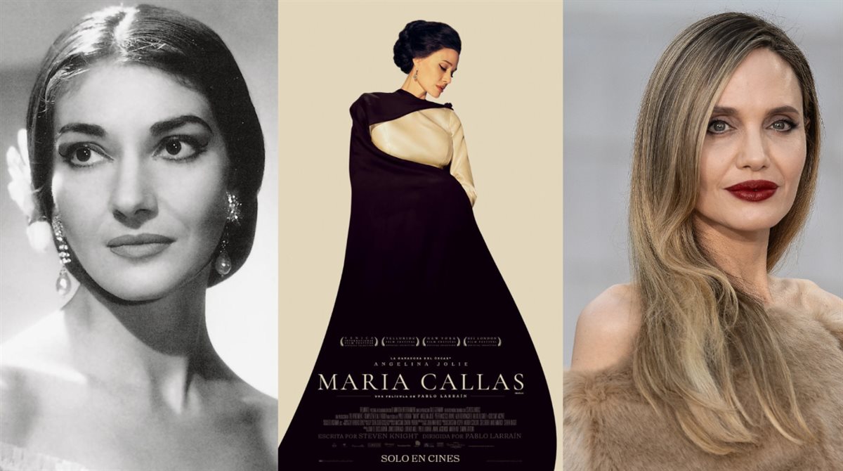 <strong>أنجلينا جولي وصورتها على أفيش فيلمها الجديد Maria ومطربة الأوبرا الراحلة ماريا كالاس التي تُجسد أنجلينا قصة حياتها في الفيلم</strong>