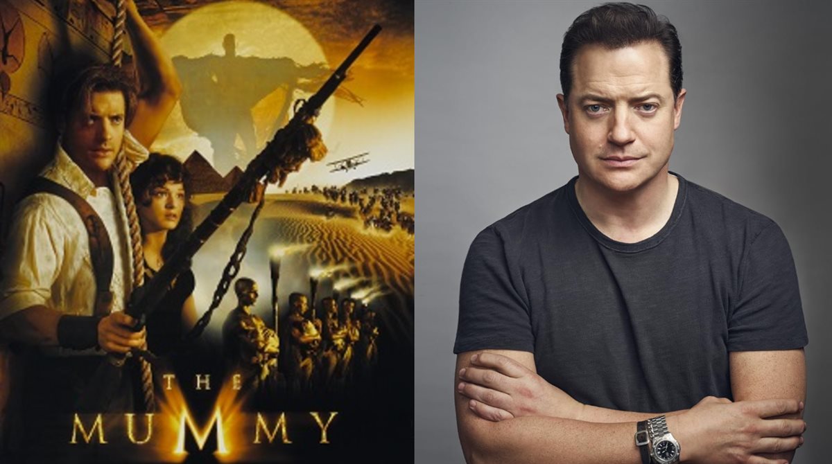 <strong>برندان فريزر وصورته على أفيش فيلمه The Mummy الذي قدم منه جزأين آخرين The Mummy Returns و The Mummy: Tomb of the Dragon Emperor</strong>