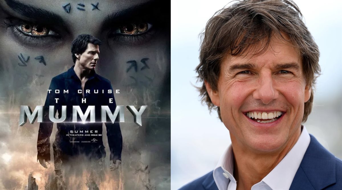<strong>توم كروز وصورته على أفيش فيلمه The Mummy وهو النسخة الجديدة من السلسلة</strong>