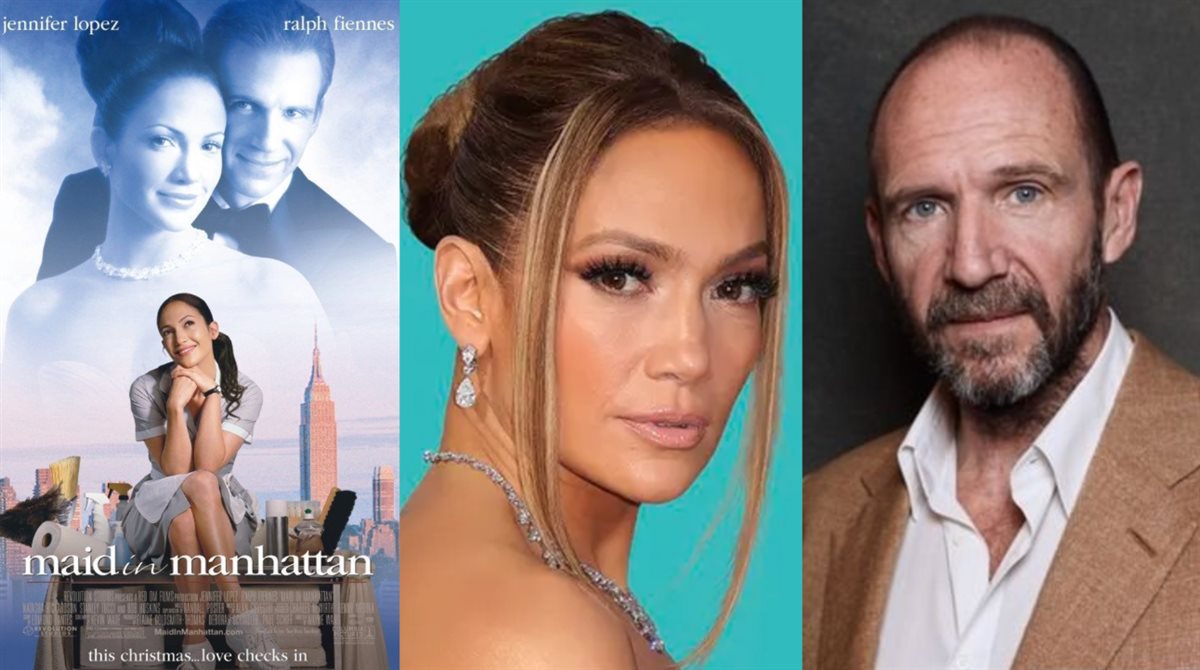 <strong>الممثل البريطاني رالف فاينس والفنانة العالمية جينيفر لوبيز وصورتهم على أفيش فيلمهم الكلاسيكي Maid in Manhattan</strong>