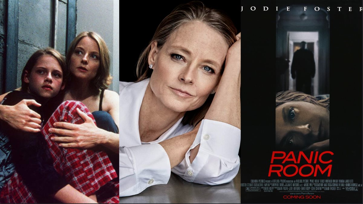 <strong>صورة أفيش فيلم الإثارة الشهير Panic Room وبطلته جودي فوستر وصورتها في مشهد من الفيلم مع كريستين ستيوارت وقتها</strong>
