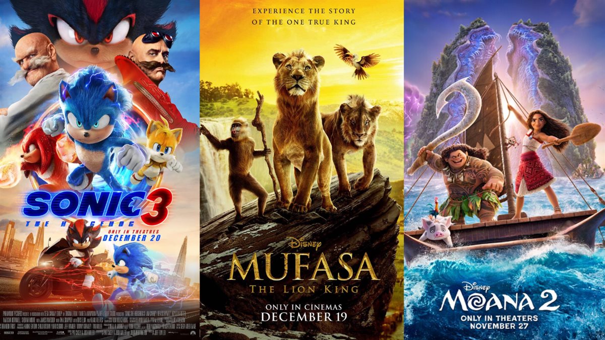<strong>صورة أفيش أقوى أفلام الرسوم المتحركة الأنيميشن التي تُعرض حالياً بالسينمات في عطلة عيد الميلاد (الكريسماس) حسب دول الغرب وهم أفلام Moana 2 و Mufasa: The Lion King و Sonic the Hedgehog 3</strong>