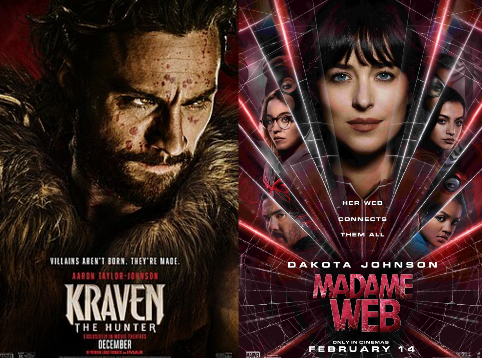 <strong>صورة أفيشات أفلام Madame Web بطولة داكوتا جونسون و Kraven The Hunter بطولة راسل كرو و آرون تايلور جونسون</strong>