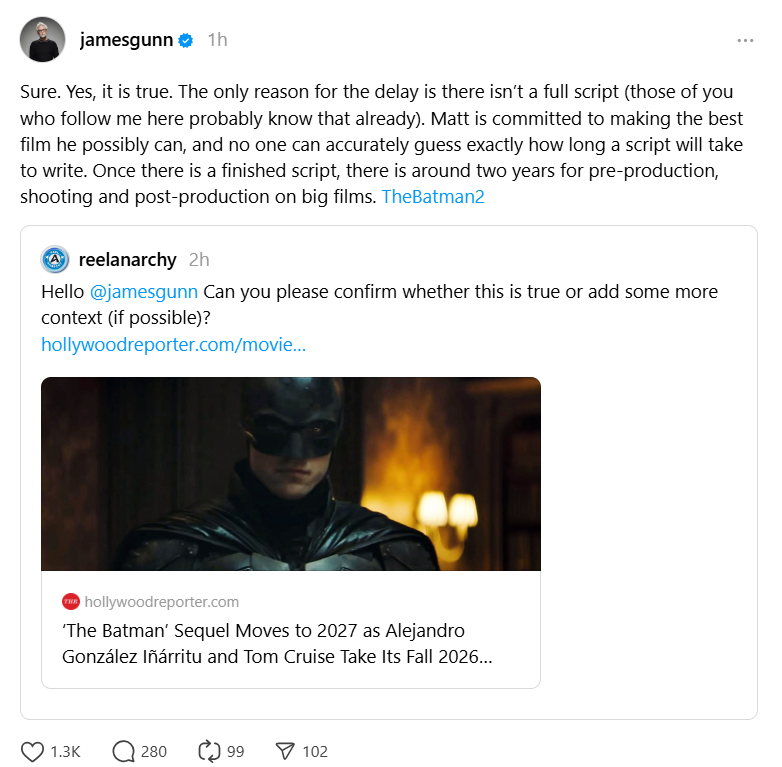 <strong>صورة من بيان جيمس جان على موقع Theard الذي يوضح تأجيل تصوير فيلم The Batman 2 بسبب عدم الإنتهاء من كتابة السيناريو ليوضح موقع The Hollywood Reporter موعد تصويره وعرضه بالسينمات</strong>