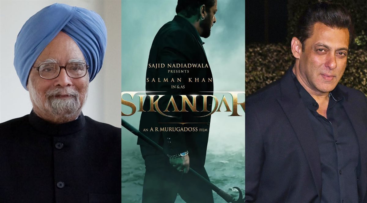 <strong>سلمان خان وصورة أفيش فيلمه الجديد Sikandar ورئيس الوزراء الهندي الراحل مانموهان سينج</strong>