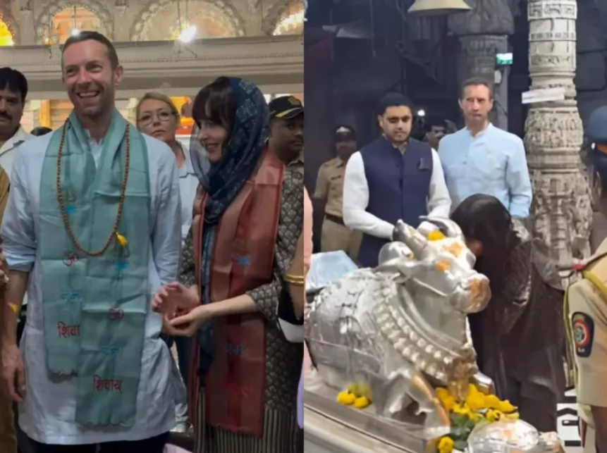 <strong>داكوتا جونسون وخطيبها كريس مارتن أثناء زيارتهم للمعبد الهندوسي Siddhivinayak في مدينة مومباي الهندية</strong>