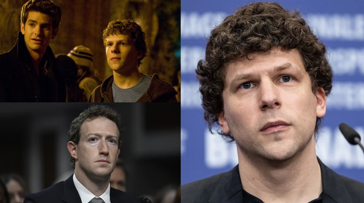 <strong>جيسي آيزينبيرج وصورته في مشهد مع أندرو جارفيلد في فيلم The Social Network و مارك زوكربيرج مخترع تطبيق فيسبوك</strong>
