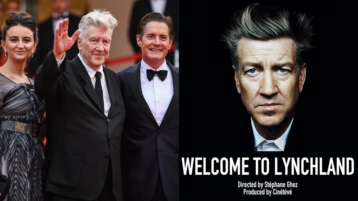 الراحل ديفيد لينش على أفيش الفيلم الوثائقي Welcome to Lynchland عن حياته وانجازاته في السينما وصورة سابقة له في مهرجان كان السينمائي