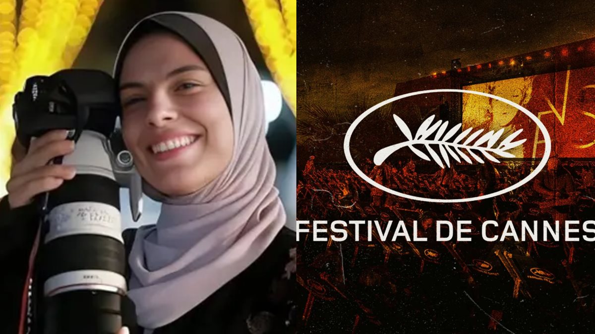 شعار مهرجان كان السينمائي والمصورة الصحفية الشهيدة فاطمة حسونة