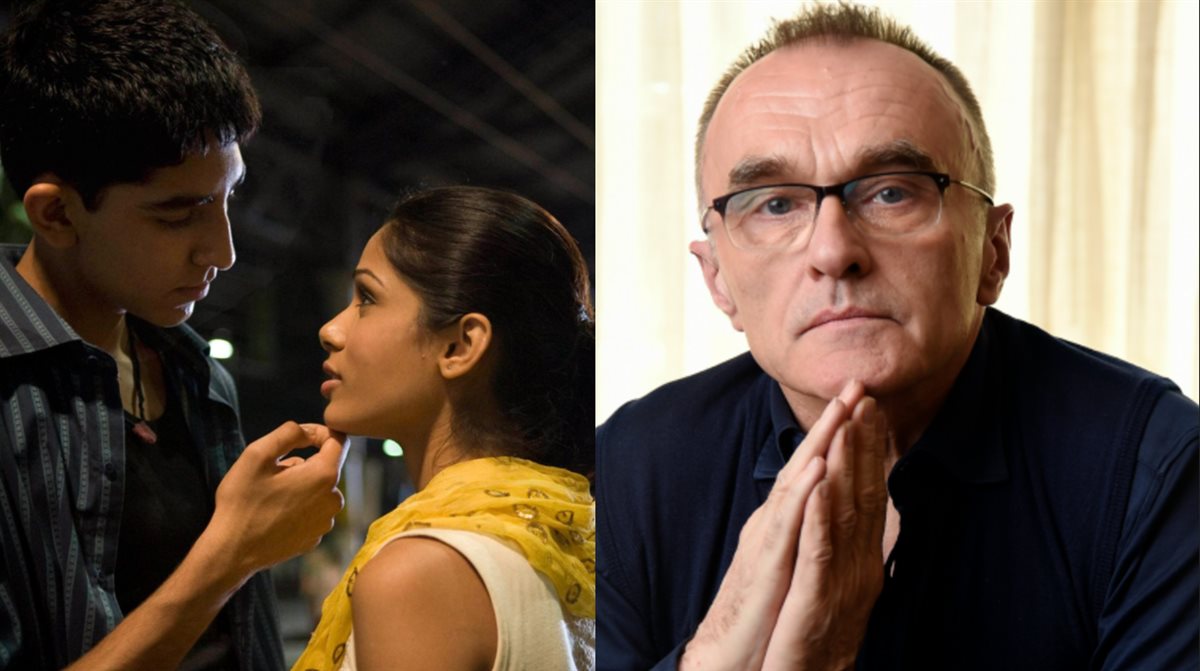 داني بويل مخرج فيلم Slumdog Millionaire ومشهد من الفيلم لأبطاله ديف باتيل و فريدة بينتو