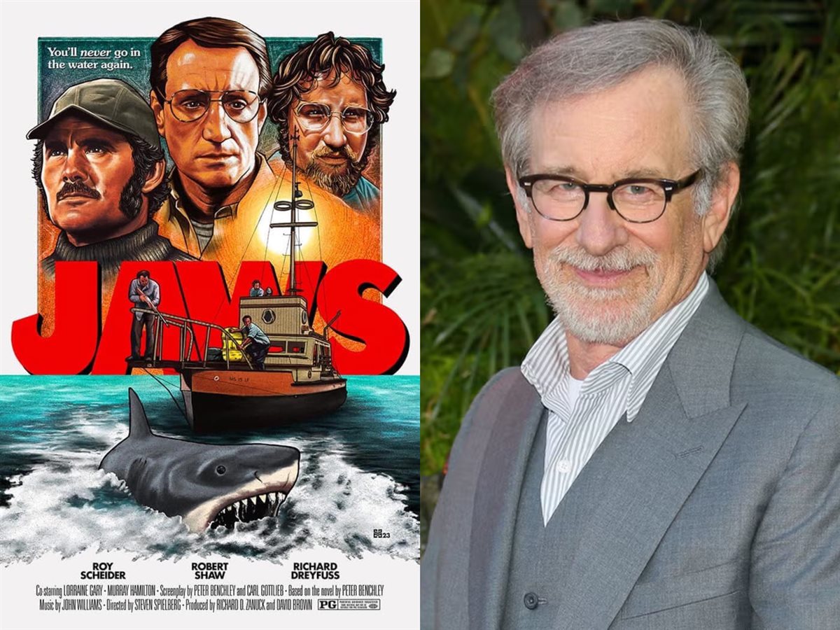 ستيفن سبيلبرج مخرج فيلم Jaws (الفك المفترس) وصورة أفيش الفيلم