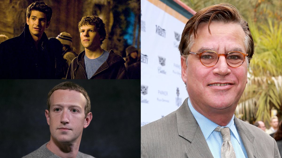 آرون سوركين مؤلف الفيلم الأمريكي The Social Network وصورة من الفيلم و مارك زوكربيرج مخترع تطبيق فيسبوك