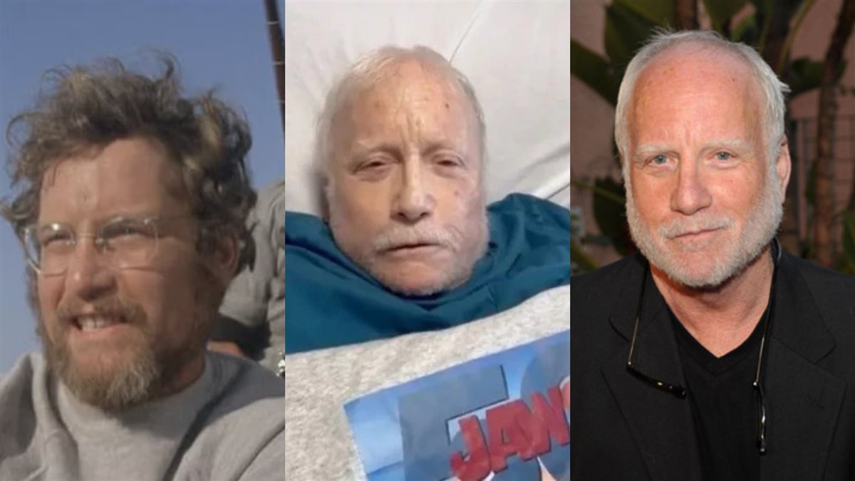 ريتشارد درايفوس بطل الفيلم الأمريكي الشهير Jaws (الفك المفترس) وصورته على فراش المرض وصورة له في مشهد من الفيلم بشبابه