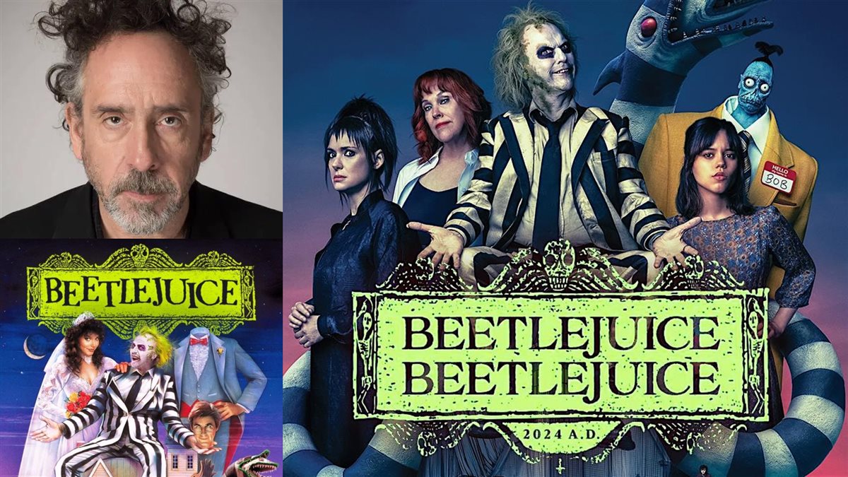 صورة أفيشات أفلام الجزأين السابقين Beetlejuice و Beetlejuice Beetlejuice ومخرجهم تيم برتون
