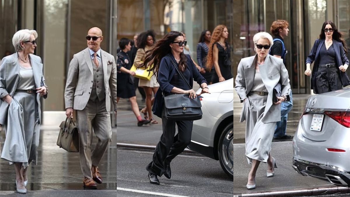 ميريل ستريب و آن هاثاواي و ستانلي توتشي في موقع تصوير فيلمهم الجديد The Devil Wears Prada 2