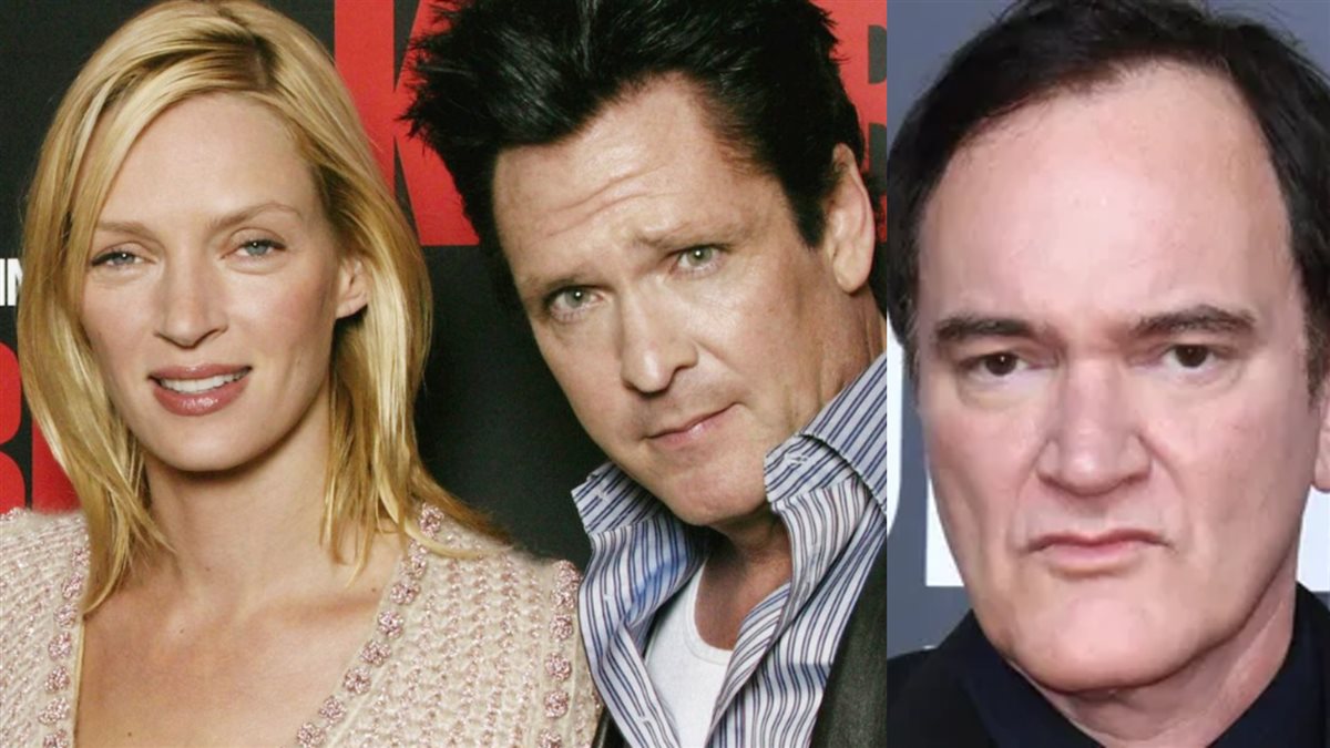 المخرج كوينتين تارانتينو والممثل الراحل مايكل مادسن في فيلم Kill Bill مع بطلته أوما ثورمان