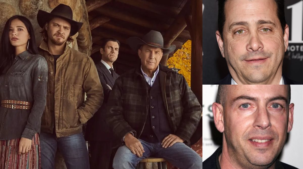 المنتجين ديفيد جلاسر و بوب ياري وكيفن كوستنر بطل مسلسل Yellowstone في مشهد من المسلسل مع فريق العمل