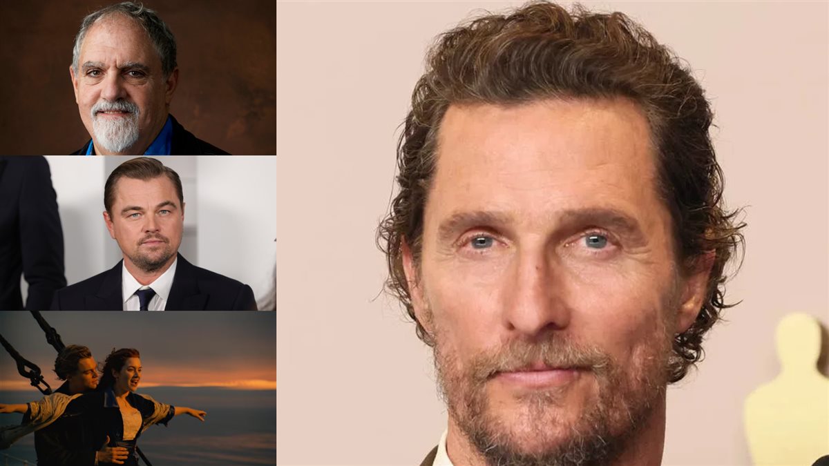 ماثيو ماكونهي والمنتج الراحل جون لاندو والممثل ليوناردو دي كابريو ومشهد من فيلم Titanic