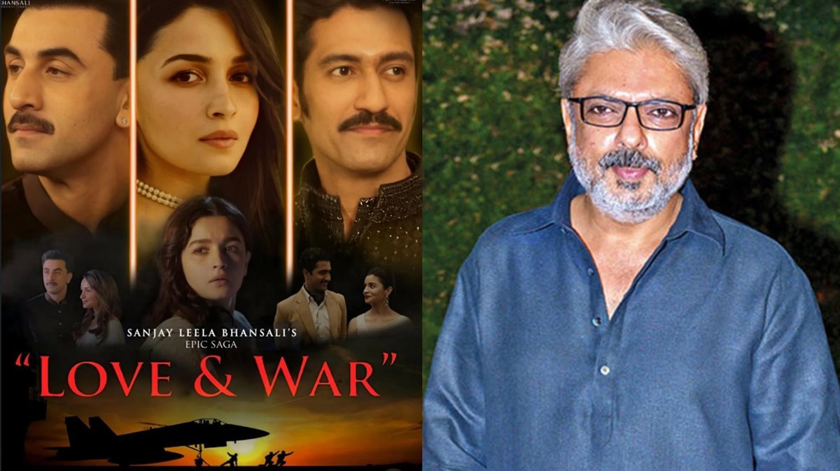 سانجاي ليلا بهنسالي مخرج الفيلم الهندي الجديد Love & War وأبطاله فيكي كوشال و عليا بهات و رانبير كابور على صورة أفيش الفيلم