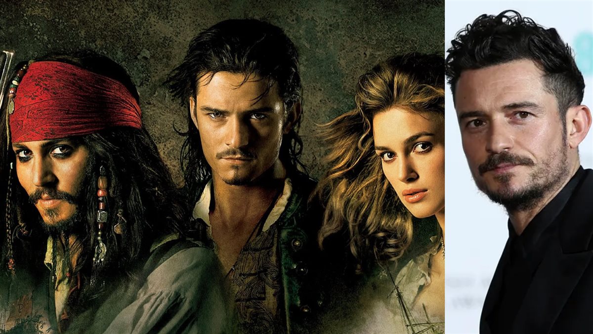 أورلاندو بلوم وصورته في فيلم Pirates Of The Caribbean مع زملائه جوني ديب و كيرا نايتلي