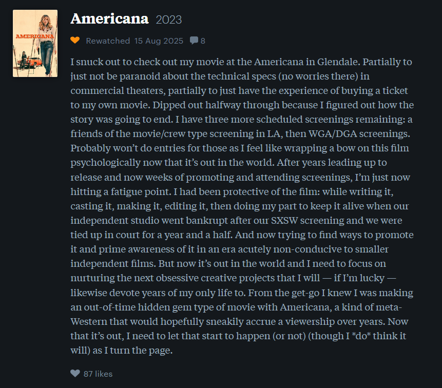 منشور توني توست مخرج فيلم Americana على موقع Letterboxd