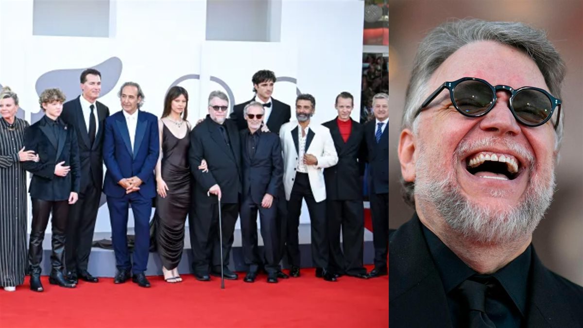 المخرج جييرمو ديل تورو وصورته مع فريق عمل فيلمه الجديد Frankenstein في مهرجان فينيسيا السينمائي 2025