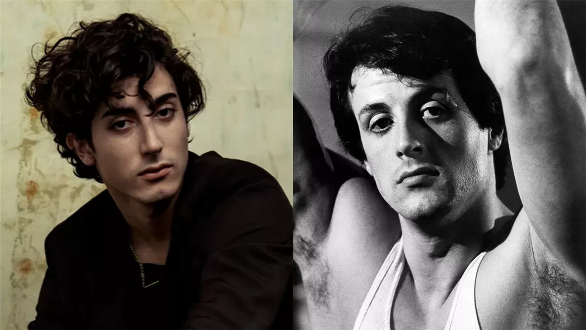 الممثل الشاب أنتوني إيبوليتو الذي يُجسد دور سيلفستر ستالون في الفيلم العالمي الجديد I Play Rocky وصورة ستالون في فيلم Rocky