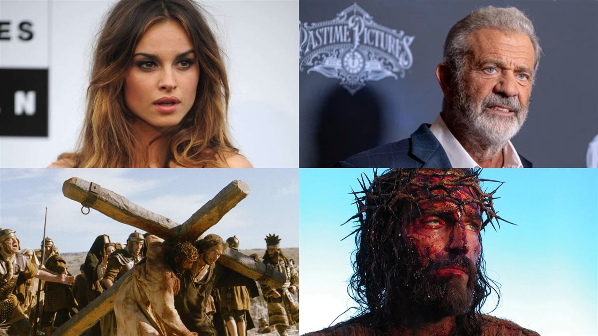 المخرج ميل جيبسون والممثلة كاسيا سموتنياك ومشاهد من الجزء الأول فيلم The Passion of the Christ (آلالام المسيح)&nbsp;