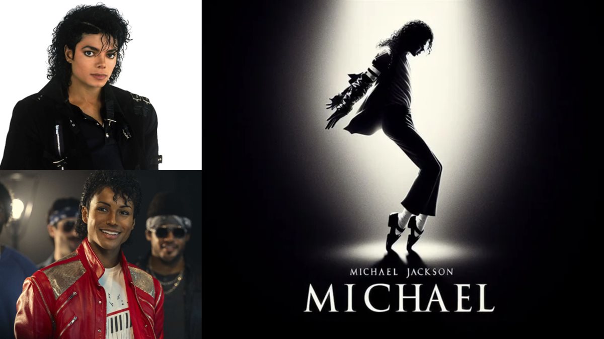 صورة أفيش الفيلم الجديد Michael والمطرب الراحل مايكل جاكسون وإبن شقيقه جعفر جاكسون الذي يجسد قصة حياته في الفيلم