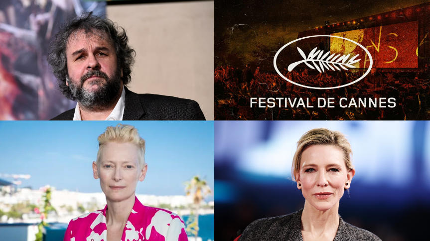النجوم بيتر جاكسون وكيت بلانشيت و تيلدا سوينتو وشعار مهرجان كان السينمائي