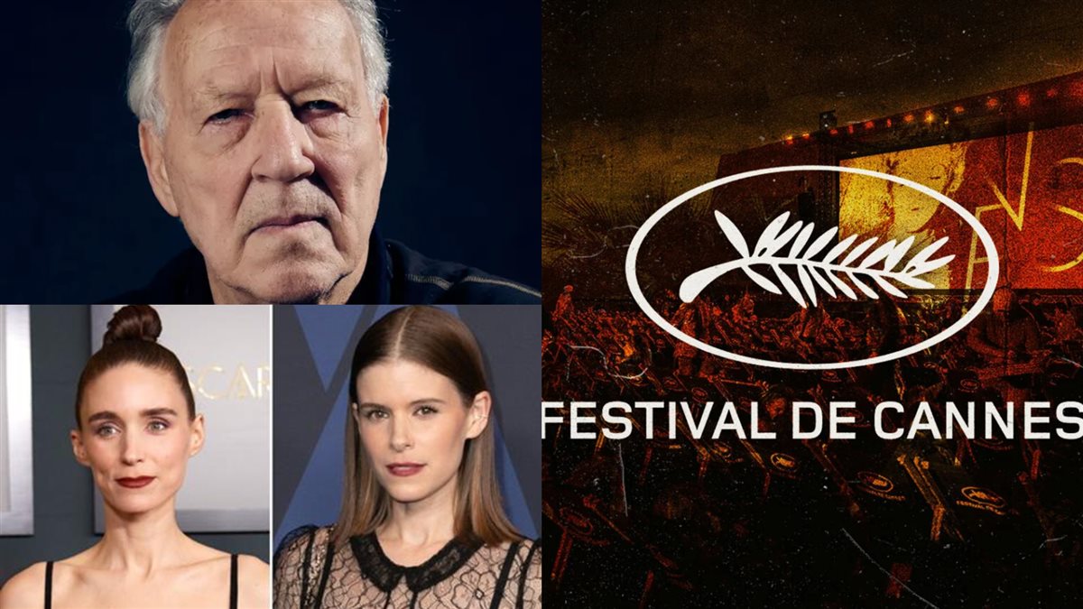 شعار مهرجان كان السينمائي وبطلاته كايت و روني مارا ومخرجه فرنر هرتزوج