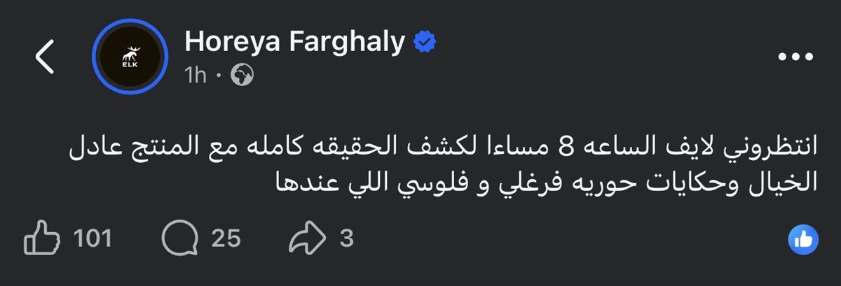 حساب منسوب لحورية فرغلي يثير الجدل برسالة غامضة عن عادل الخيال