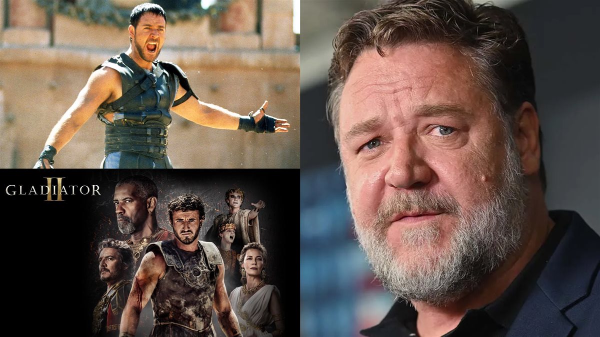 راسل كرو وصورته في الجزء الأول Gladiator وأفيش الجزء الثاني Gladiator 2