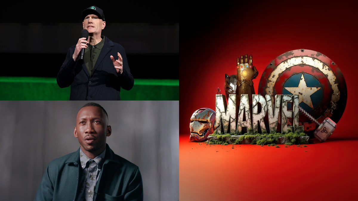 كيفن فايجي رئيس شركة واستوديوهات Marvel وشعار الشركة والممثل ماهرشالا علي