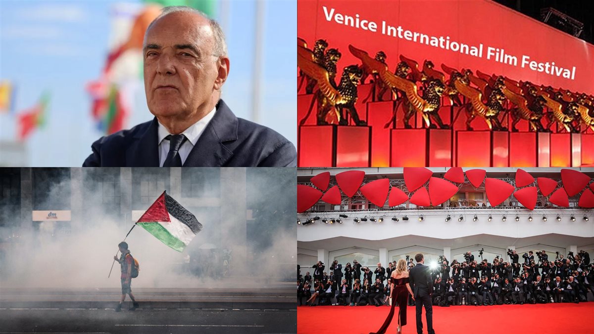ألبرتو باربيرا مدير مهرجان فينيسيا السينمائي وشعار المهرجان وعلم فلسطين