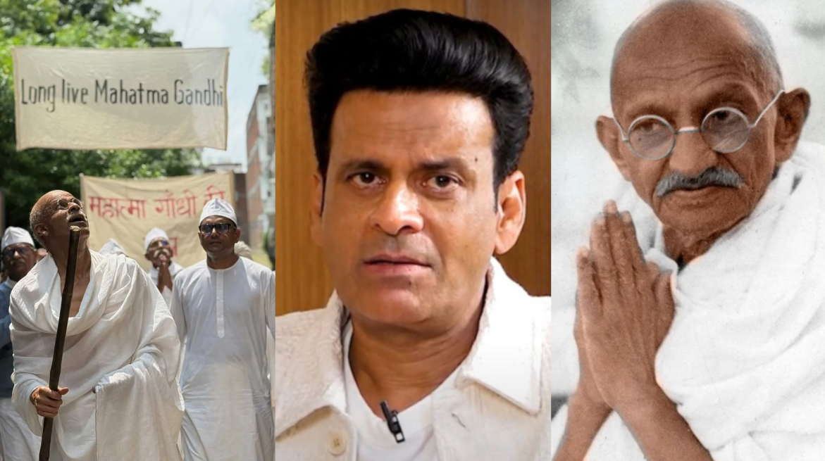 مهاتما غاندي والممثل منوج باجباي وصورته في شخصية غاندي في الفيلم الجديد Gandhi and My Mother