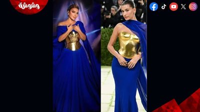تشابه يثير الجدل بين إطلالتي هايلي بيبر وأصالة في فستان أزرق لافت